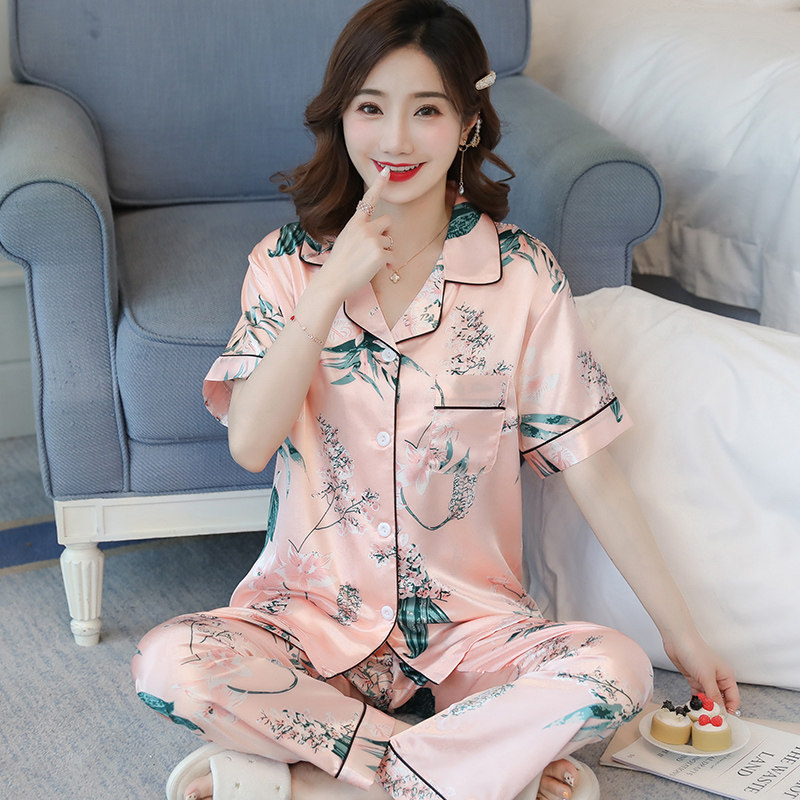 睡衣夏季冰丝薄款女士短袖长裤套装性感网红睡衣