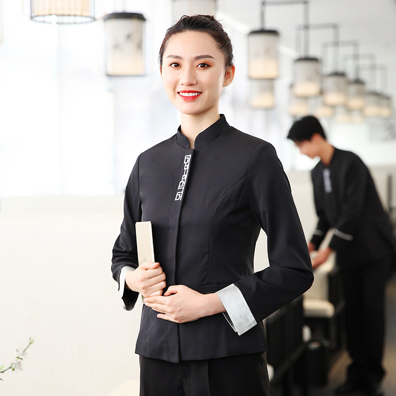 中式服务员工作服酒店饭店餐厅火锅店员工装餐饮服装长袖女秋冬装