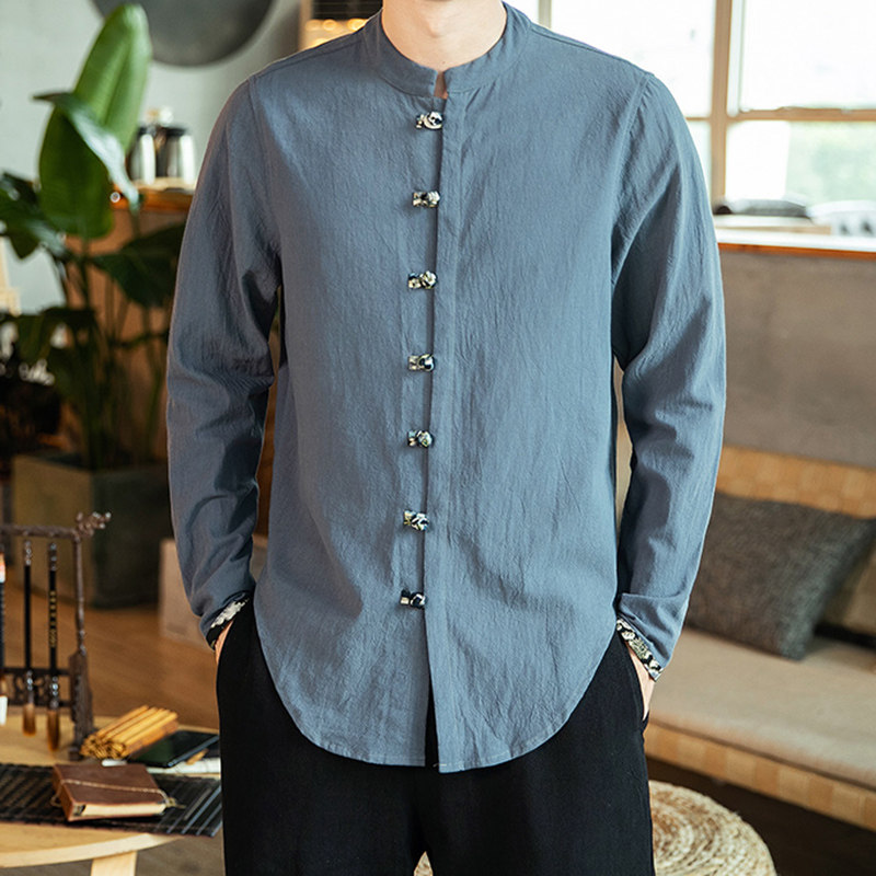 春秋青年衣服茶服衬衫长袖盘扣立领唐装新中式唐装