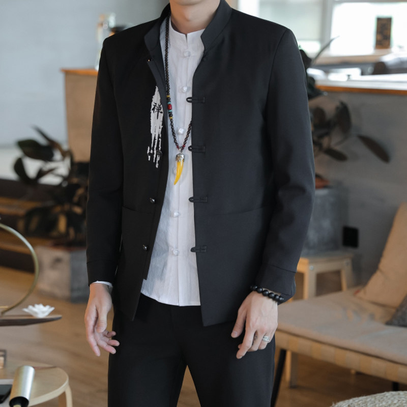 春秋改良中山装男青年修身潮流道袍三件件套立领民族服装