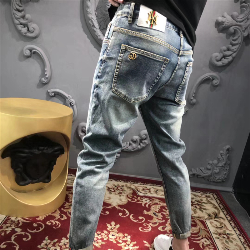 欧货潮牌男士简约做旧水洗修身小脚牛仔裤22春夏NY浅蓝色小直筒裤