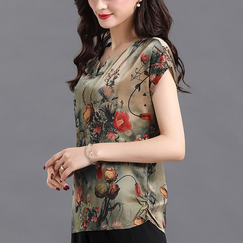 女装 妈妈夏装桑蚕丝宽松女短袖t恤中老年香云纱小衫真丝时尚短款上衣