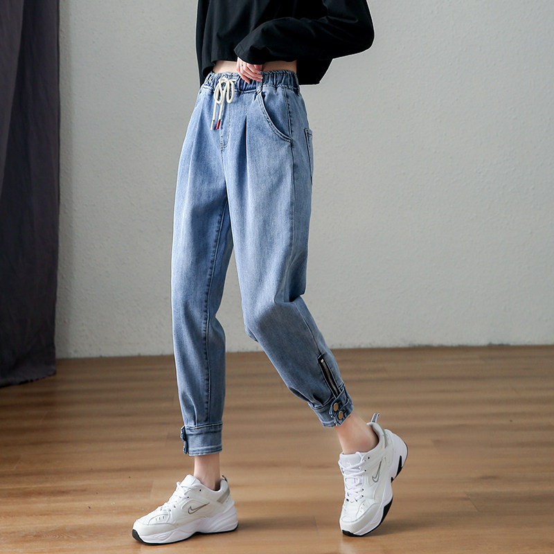潮女牛仔裤ins超火高腰宽松大码拉链裤脚束脚牛仔裤