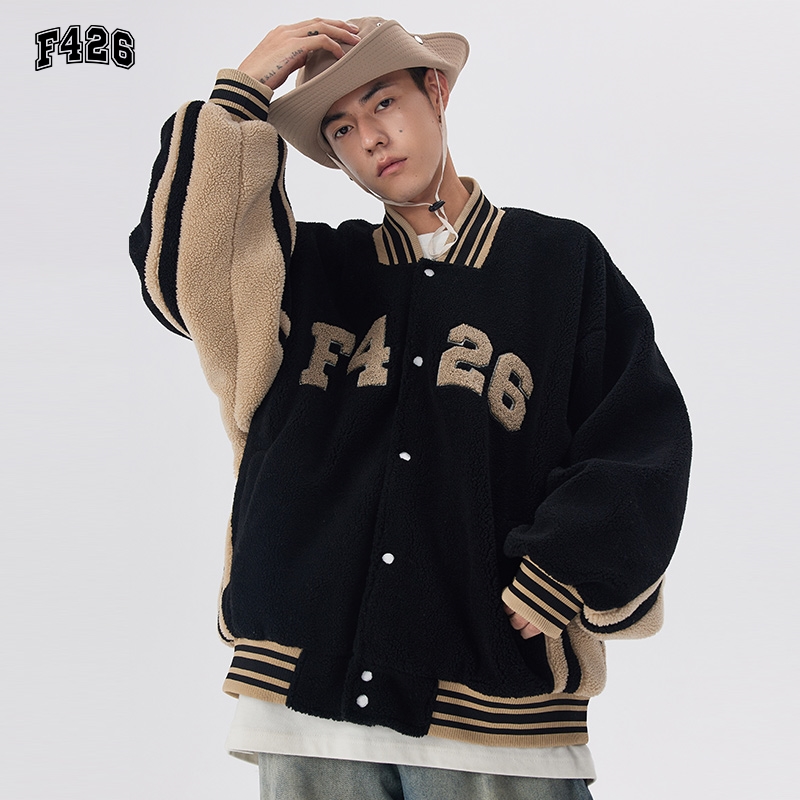 【F426官方店】国潮牌秋季情侣嘻哈LOGO拼接棒球服仿羊羔毛外套