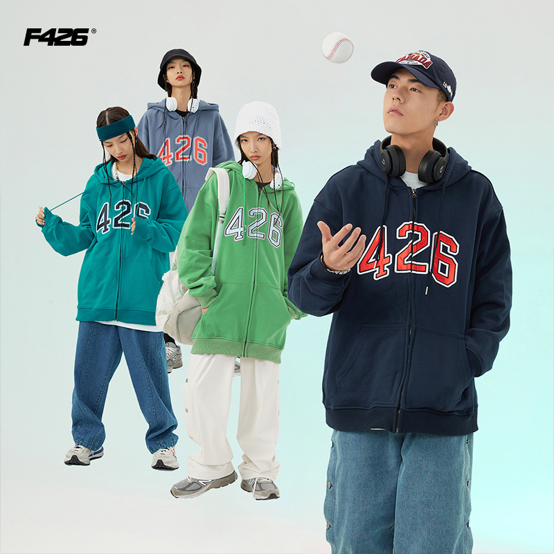 【F426官方店】国潮牌情侣春秋四色亮面LOGO开衫宽松街头外套