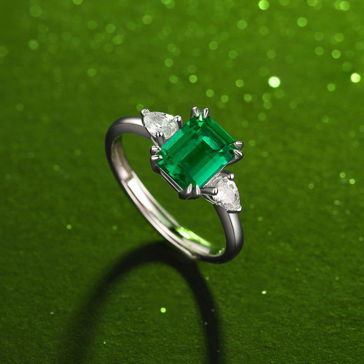 戒指地亚银饰镶嵌培育祖母祖母绿绿宝石珠宝绿枕手饰