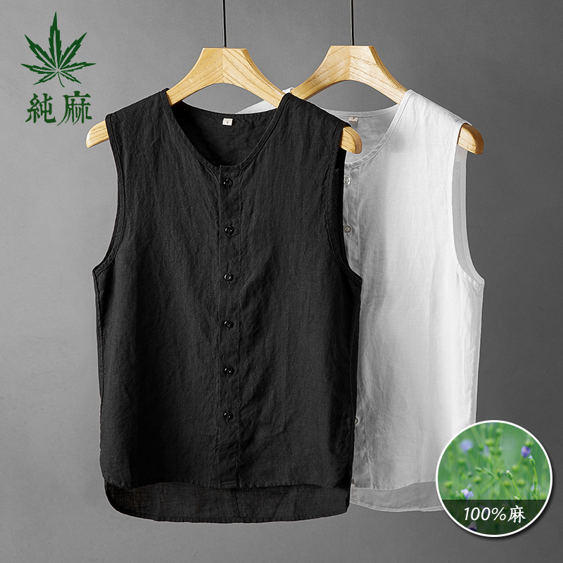 薄中国风复古无袖亚麻马甲男宽松休闲棉麻背心麻布料T恤上衣衬衫