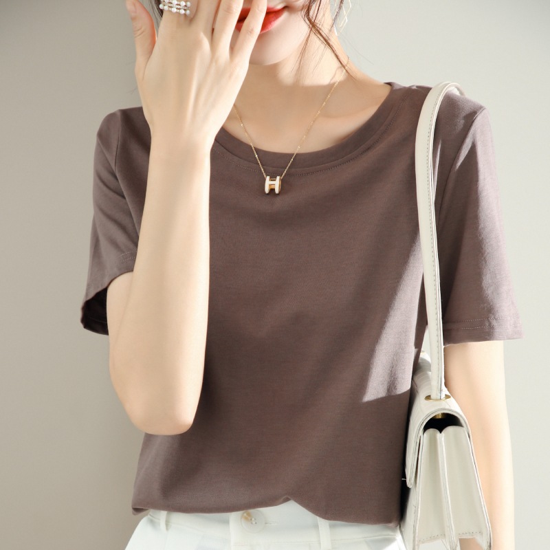 蚕丝丝光棉t恤女短袖夏正肩纯色抗皱休闲上衣体恤宽松新款小个子