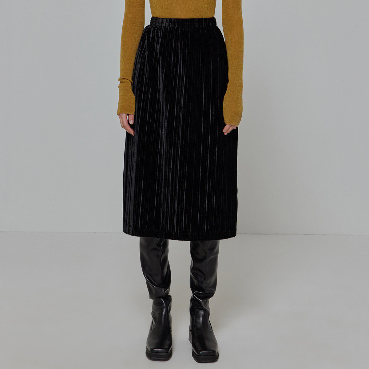 秋季百搭丝绒褶皱中长款半身裙百褶裙裙子女