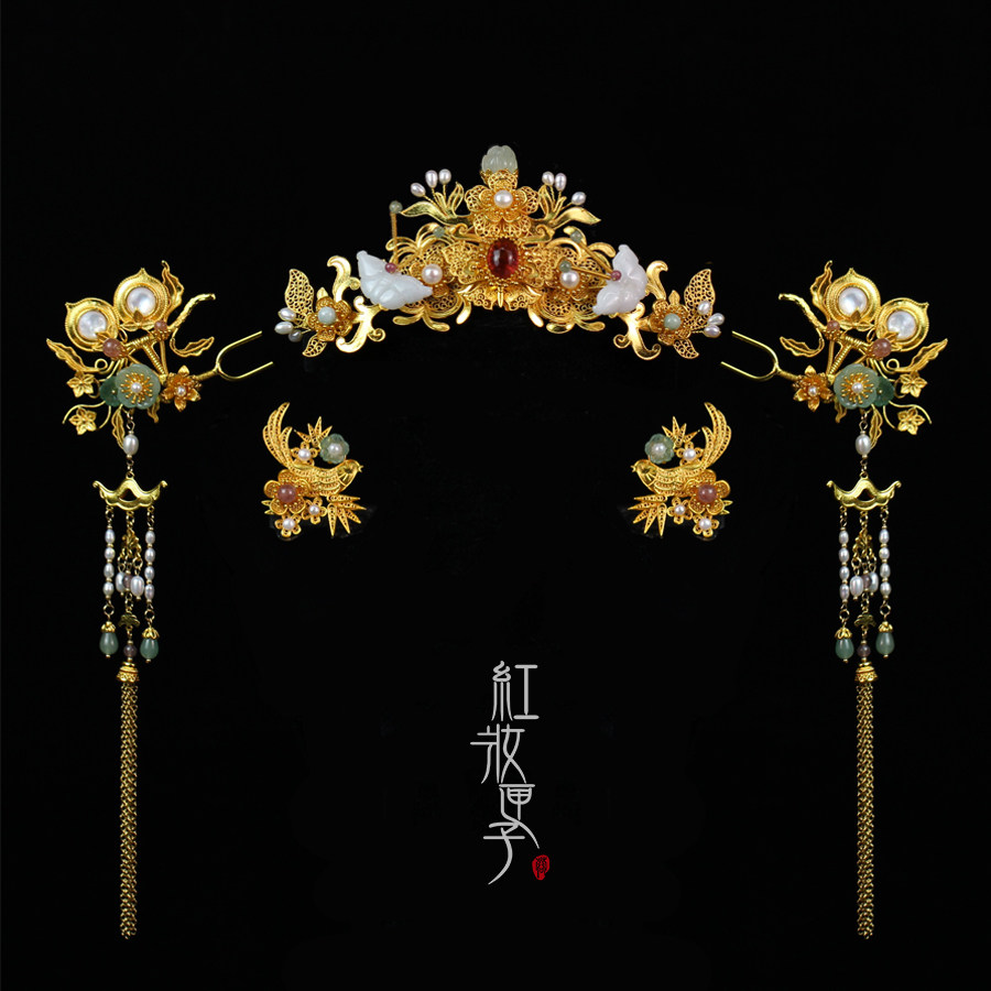 红妆匣子原创翠锦古风花丝发冠珍珠流苏步摇发饰