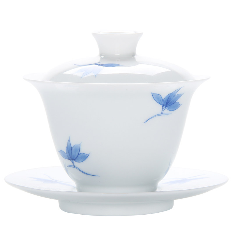 手绘兰花三才盖碗盖碗茶茶杯单个陶瓷茶碗简约盖碗