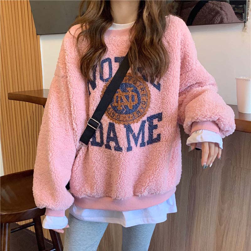 羊羔绒卫衣女小众设计感小个子宽松韩版加绒加厚圆领爆款上衣秋冬