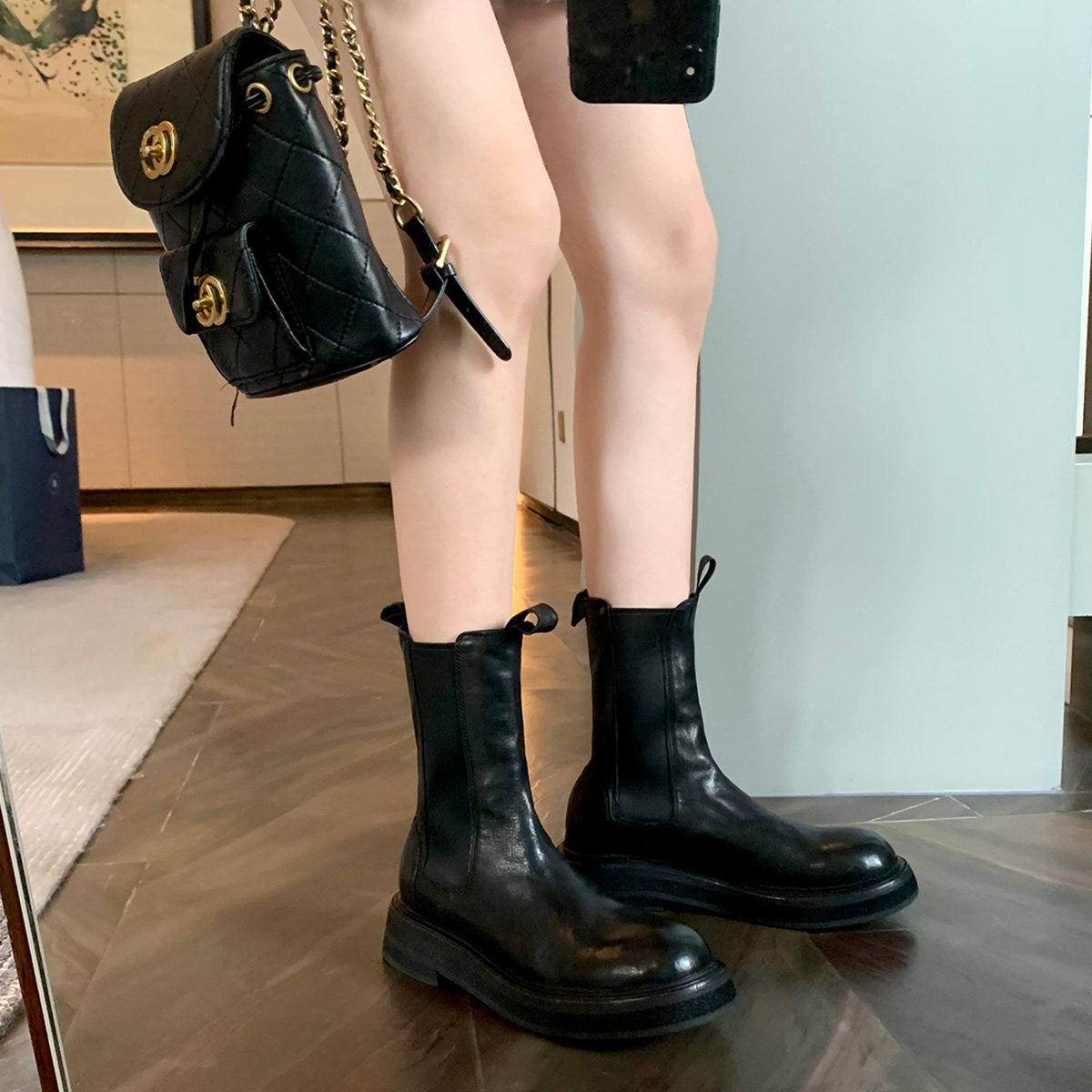 切尔西靴女英伦风厚底马丁靴内增高复古褶皱中筒靴真皮短靴烟筒靴