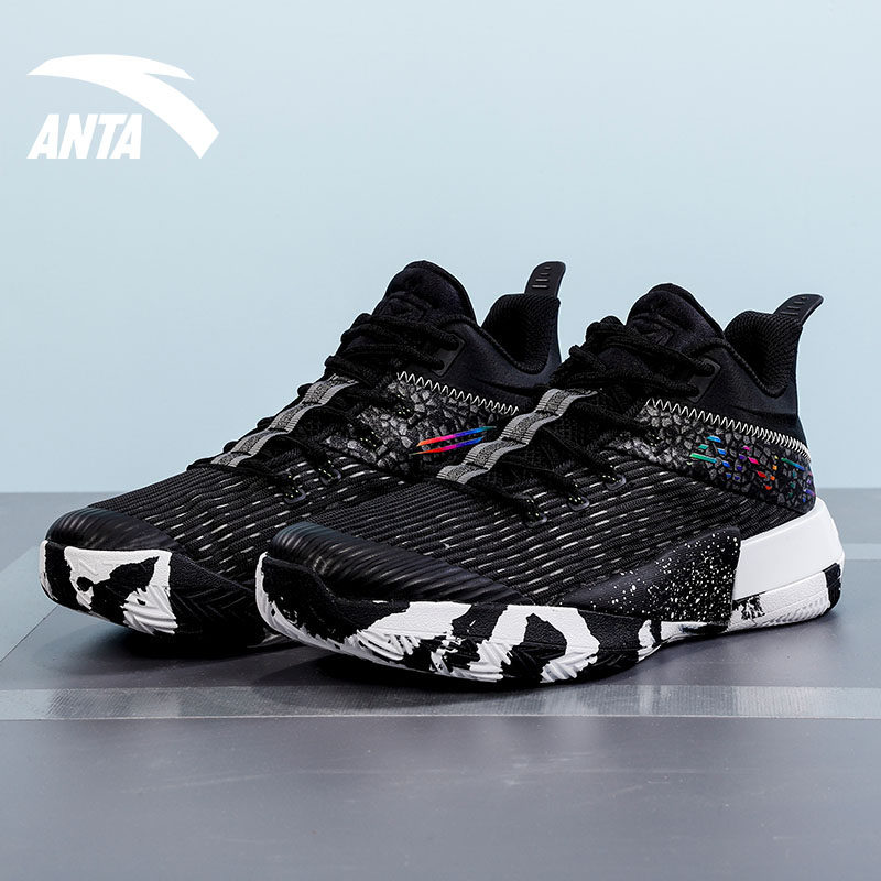 安踏篮球鞋男2021秋冬新款官网皮面球鞋耐磨黑色运动鞋112031107