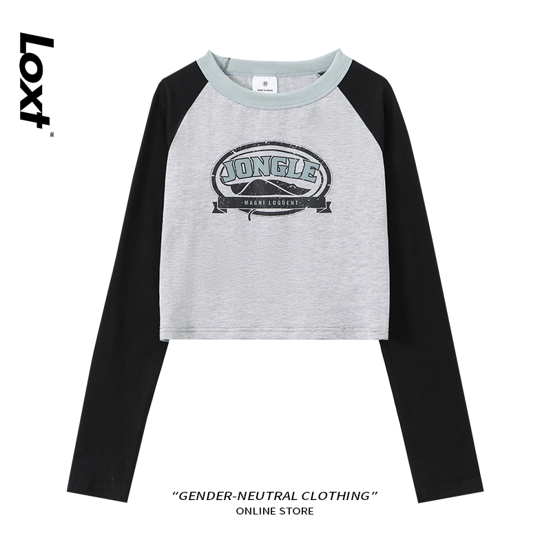 「LOXT」2021夏季拼色韩版复古修身长袖T恤女印花辣妹短款上衣潮