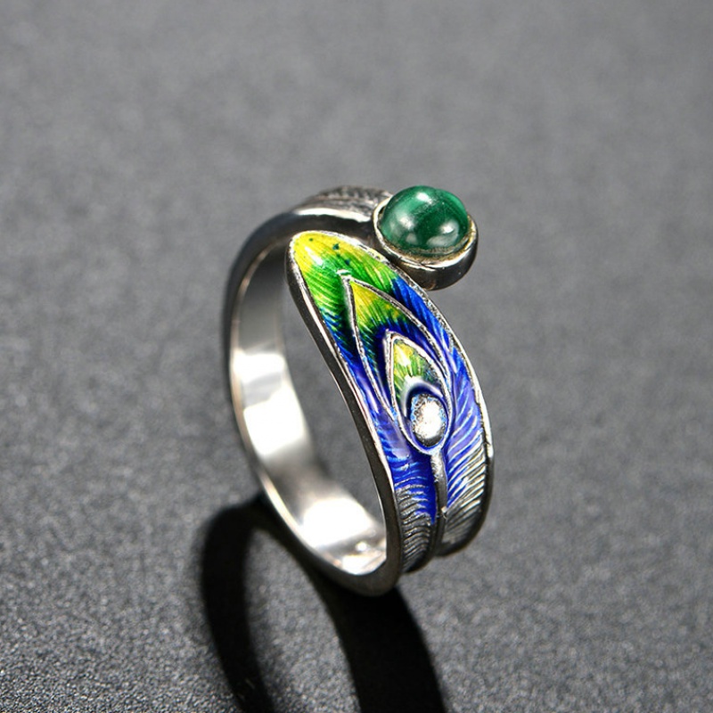 抖音新款泰可银饰品镀金景泰景泰蓝蓝孔雀羽毛戒指戒指