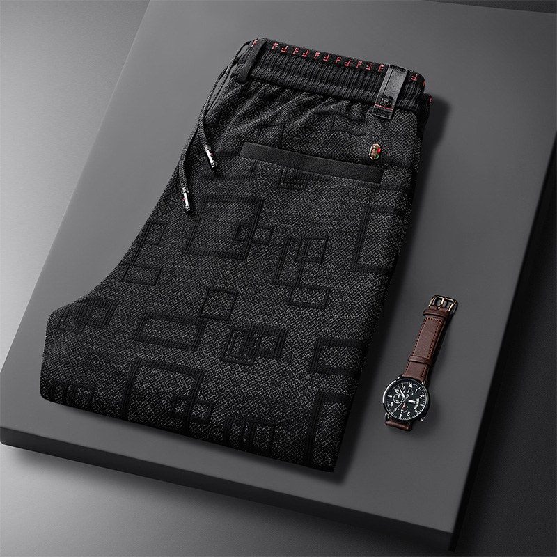 松紧腰男士休闲裤针织花纹抽绳直筒中青年时尚束脚秋冬加绒长裤子