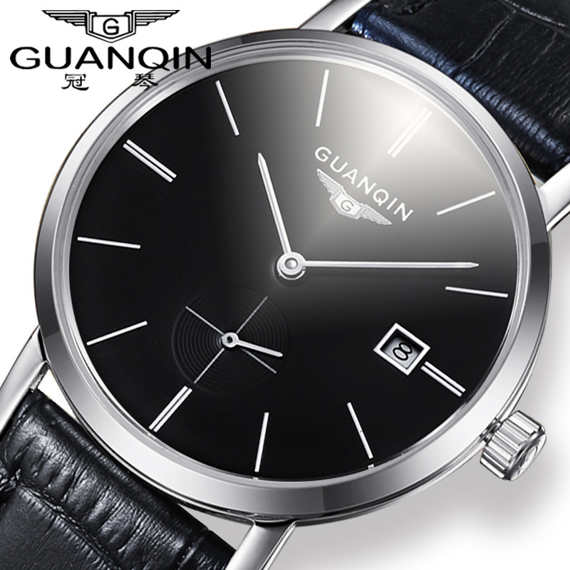 正品名牌手表男士全自动超薄真皮带机械表防水商务男表黑色钢带潮