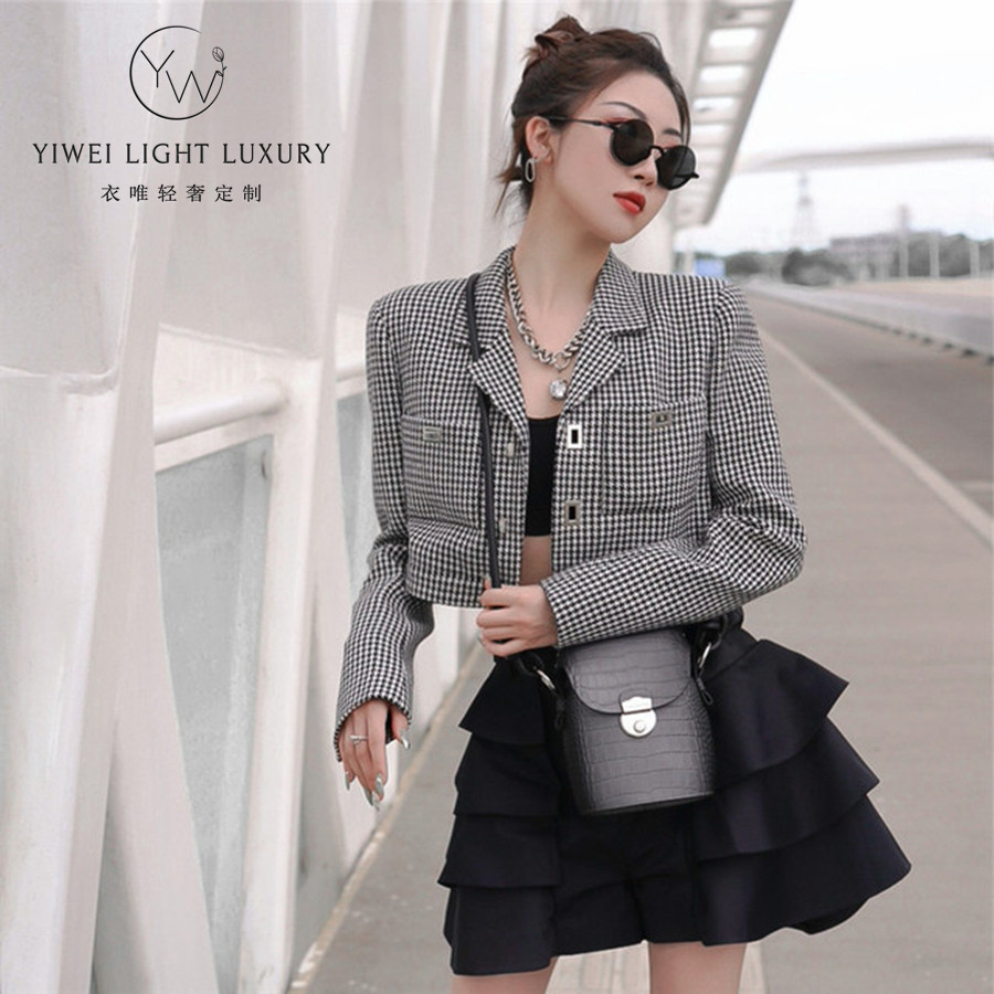 cl原创缪家小香风秋季新款修身显瘦名媛千鸟格短外套