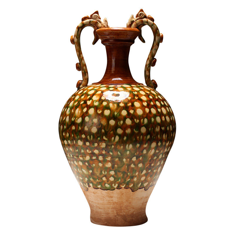 工艺品博艺唐三彩仿古摆件三彩双龙中式古典软装摆件