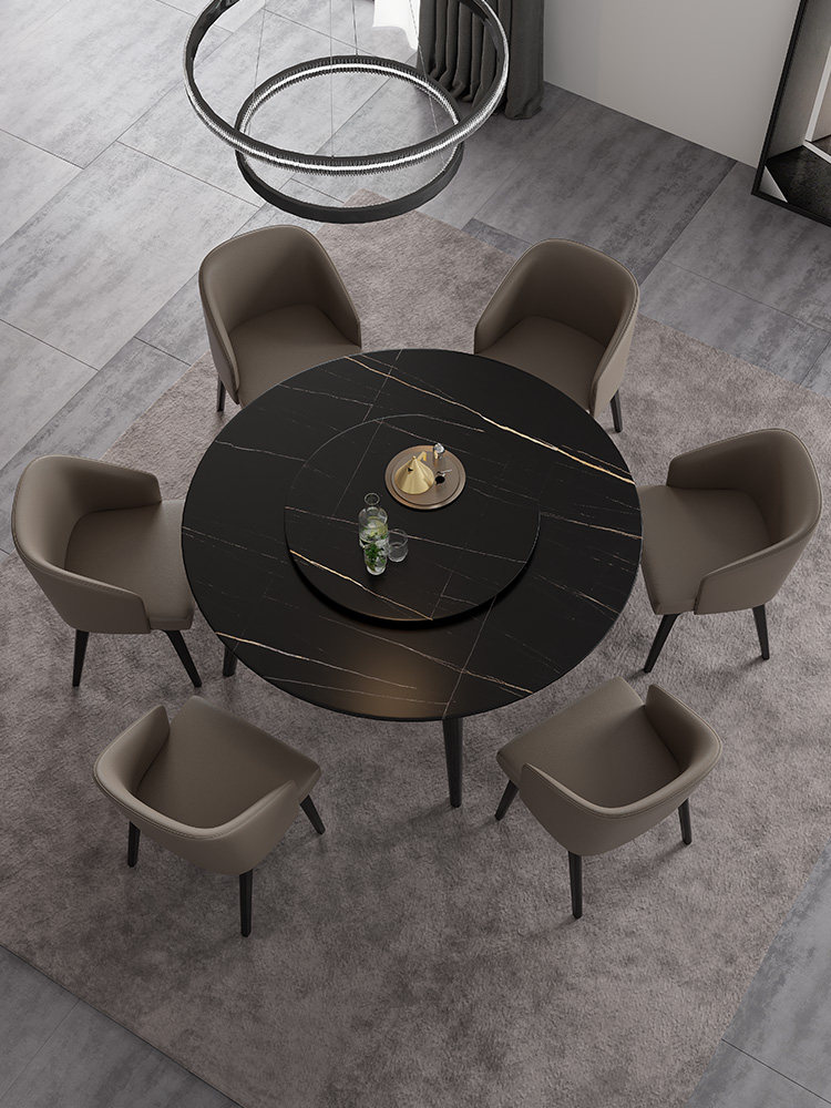意式轻奢岩板餐桌圆形家用实木圆餐桌椅组合餐桌