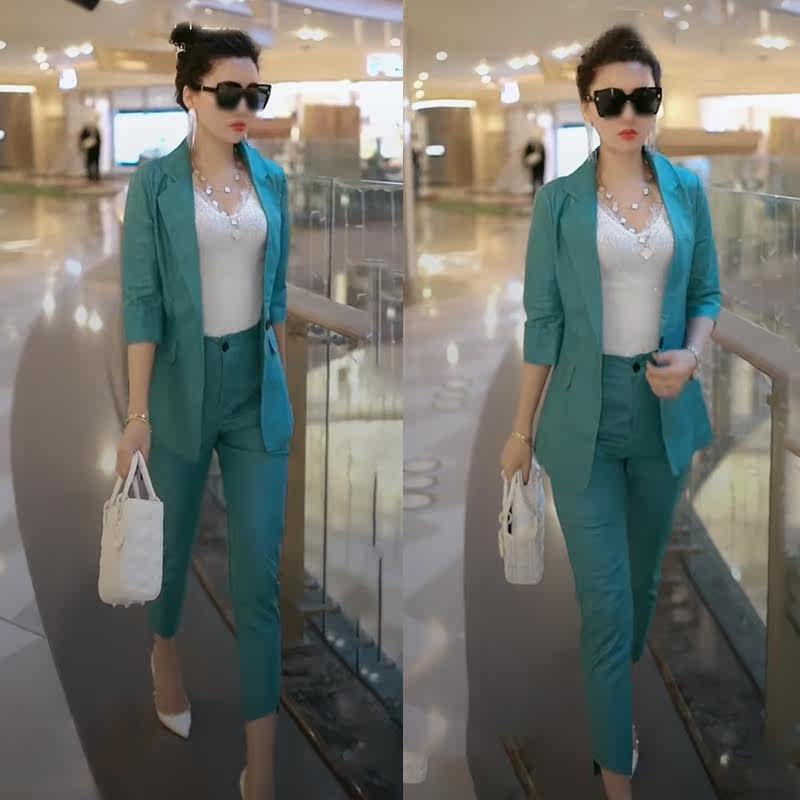 抖音掌商衣库湖蓝色ol职业气质时尚时尚套装