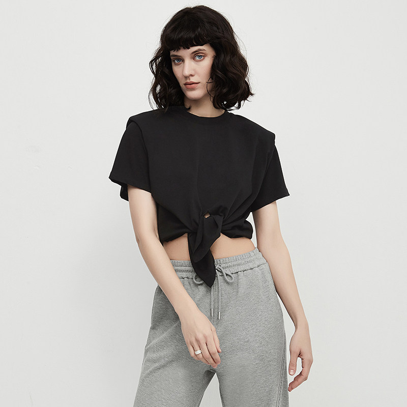 cubic修身打结纯棉立体垫肩女士白色新款夏季t恤