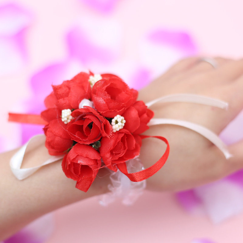 新娘手腕结婚用品品红色中式伴娘姐妹手花韩系手腕花