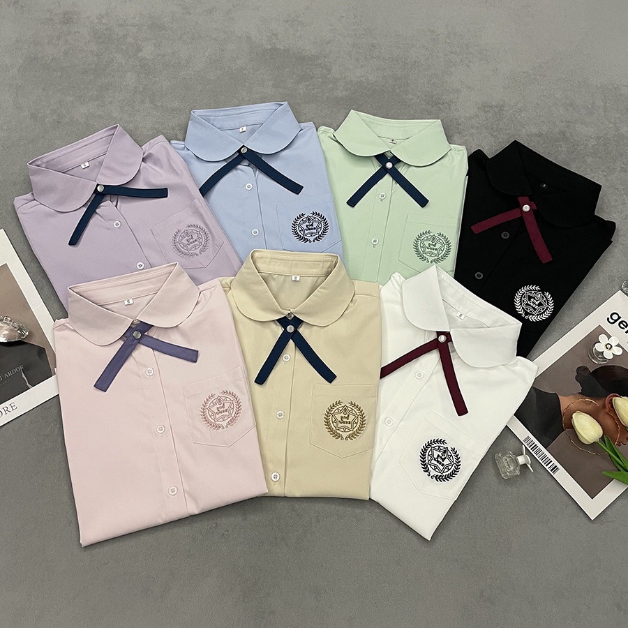 丸子刺绣衬衫水色小水短袖圆领泰国校服女子衬衫