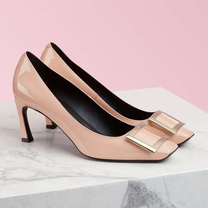 rogervivierrv罗杰维维亚女鞋粉色漆皮婚鞋方扣单鞋中高跟鞋细跟