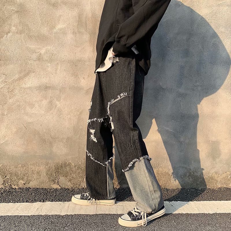 牛仔裤男直筒宽松高街感男装设计感小众vibe裤子高街ins潮阔腿裤