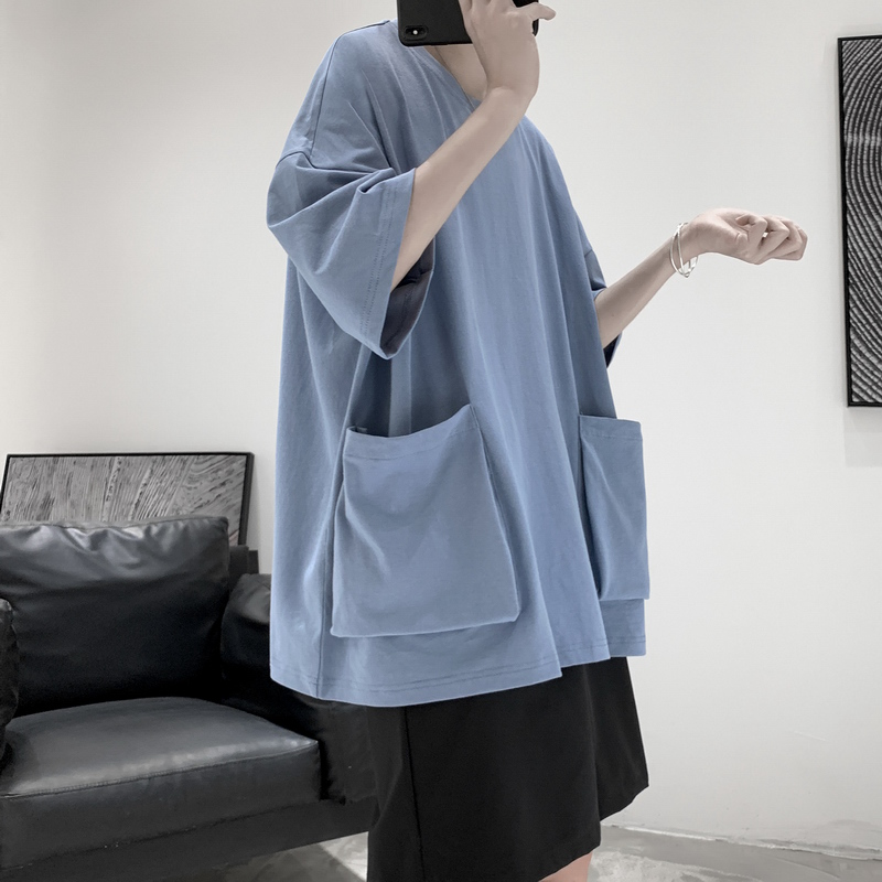 oversize短袖boy雾霾蓝T恤男休闲百搭纯色港风宽松上衣禁欲系男装