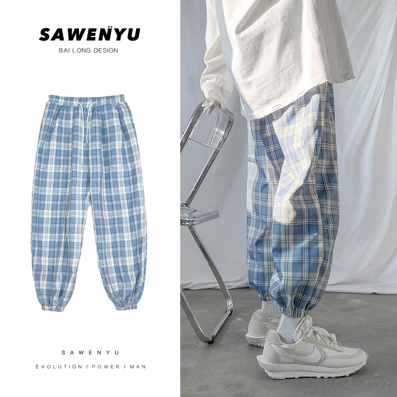 裤子男春季宽松休闲百搭潮牌哈伦九分裤韩版潮流格子运动束脚长裤