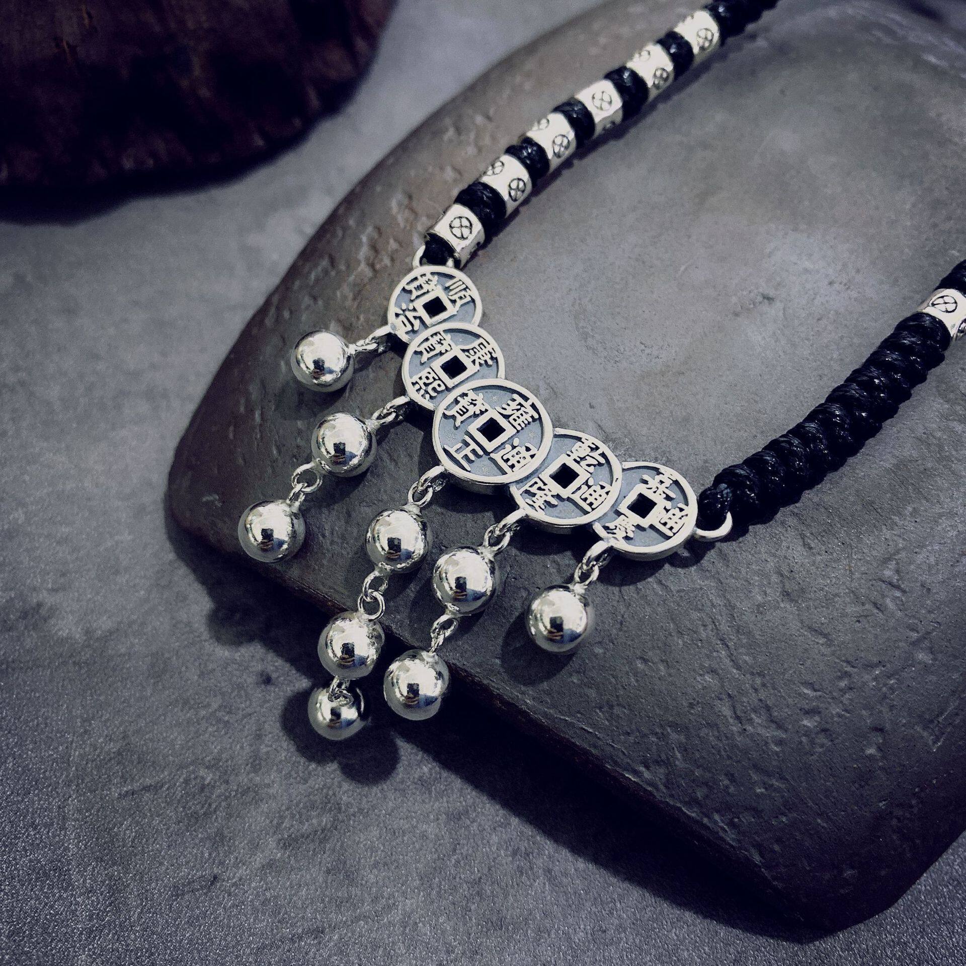 五帝s925纯银铜钱项链复古铃铛手工编织蜡绳项坠