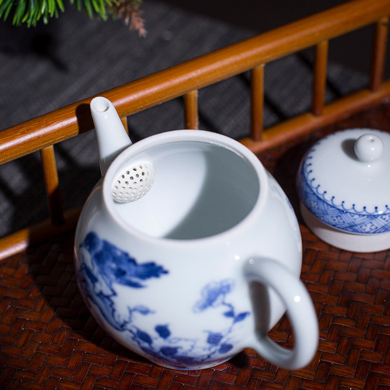 恩窑青花花鸟林泉壶景德镇手工绘画诗文茶壶开水器