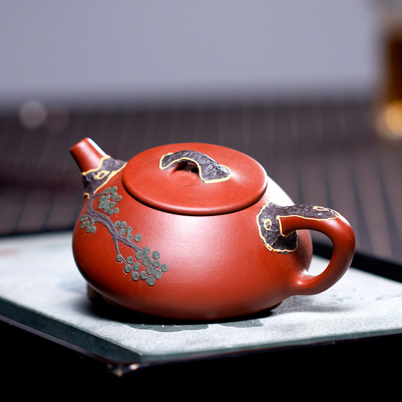 宜兴姜礼明手制紫砂壶大红红袍松皮石家用泡茶茶壶花茶机