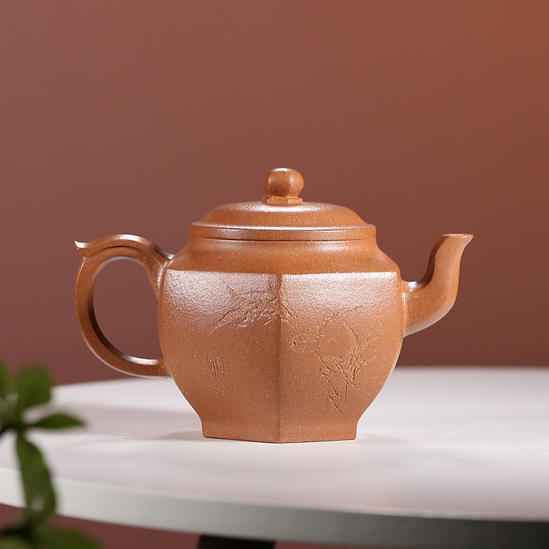 宜兴宜兴紫砂紫砂壶手工刻绘花鸟方壶原矿黄降坡六方暖酒机