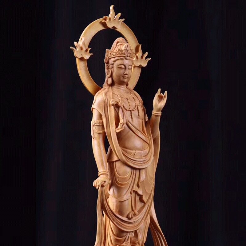 崖柏木雕火焰背光观世音菩萨佛像摆件家居供奉摆件