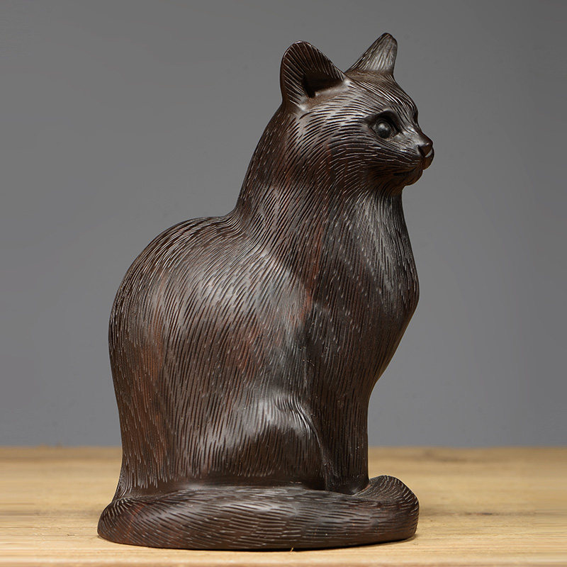 檀木木雕摆件吉祥动物可爱小猫红木家居装饰实木木雕