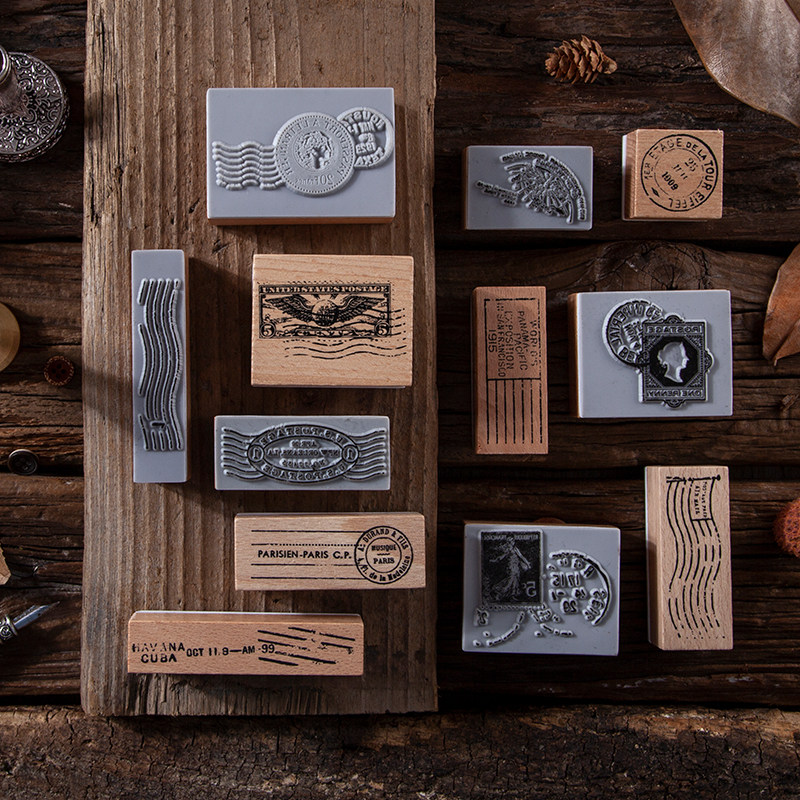陌境古董邮戳系列木制印章复古波纹diy手账成品印章