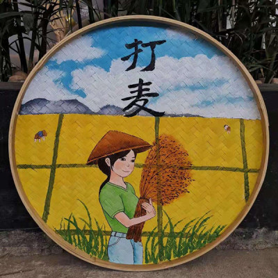 手工绘画簸箕画竹农家乐饭店餐厅墙面装饰画美丽竹编