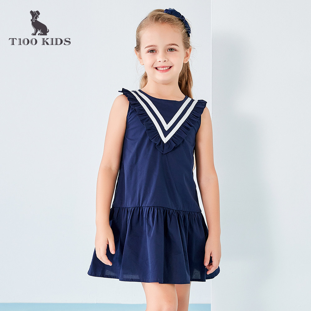 t100kids童装女童洋气无袖连衣裙夏季新款中大荷叶连衣裙