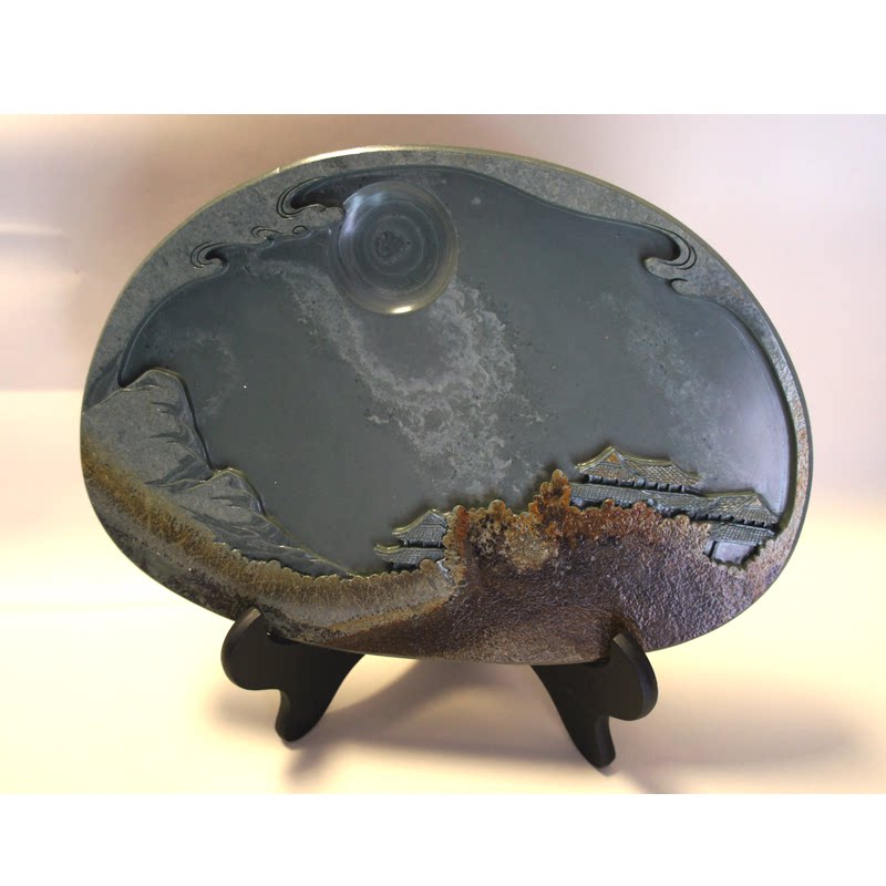 松花石砚草花砚茶台干泡台天天然纹理手工打造砚台