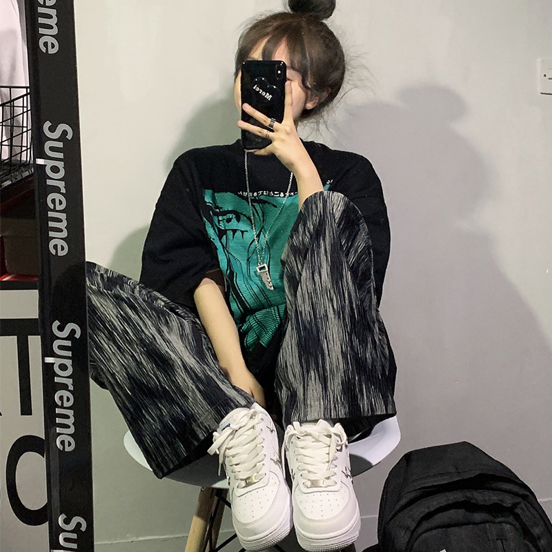 扎染阔腿裤女春秋宽松直筒显瘦高腰垂感夏季冰丝黑色休闲拖地裤子