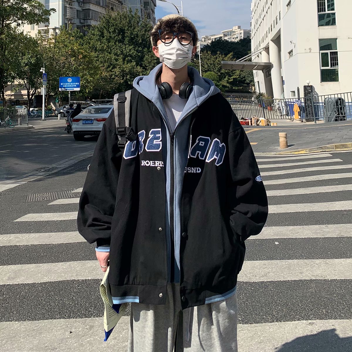 秋季港风高街假两件连帽外套男士春秋款ins原宿韩版潮流百搭夹克