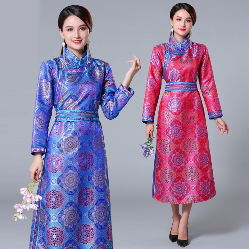 蒙古元素现代服装女长款传统手工盘扣蒙古族舞蹈民族服装