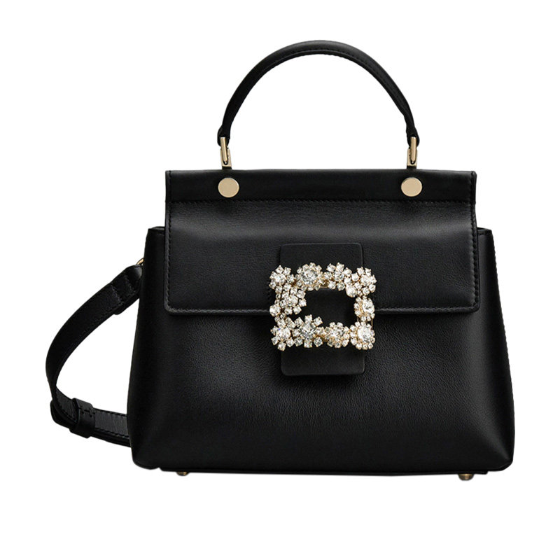 rogervivier罗杰维维亚女士黑色皮革花卉装饰手提包翻盖单肩包