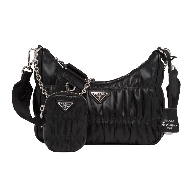 prada普拉达女士经典三角徽标黑色尼龙字母单肩通用款女包
