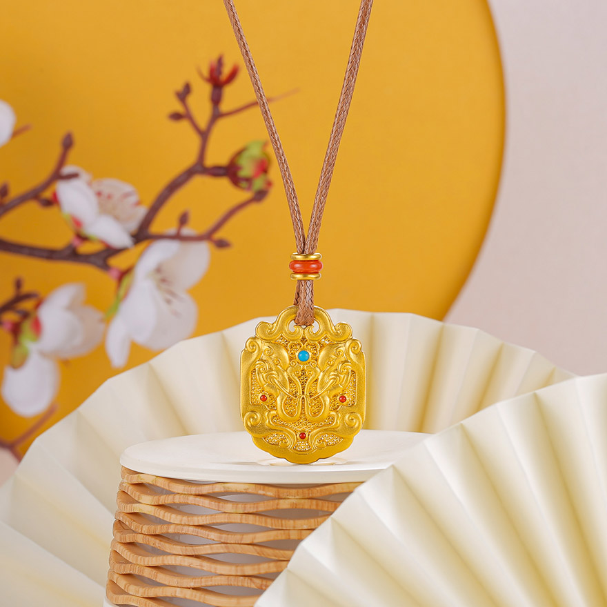 越王花丝鸿运吉祥黄金吊坠足金项链项坠古法颈饰