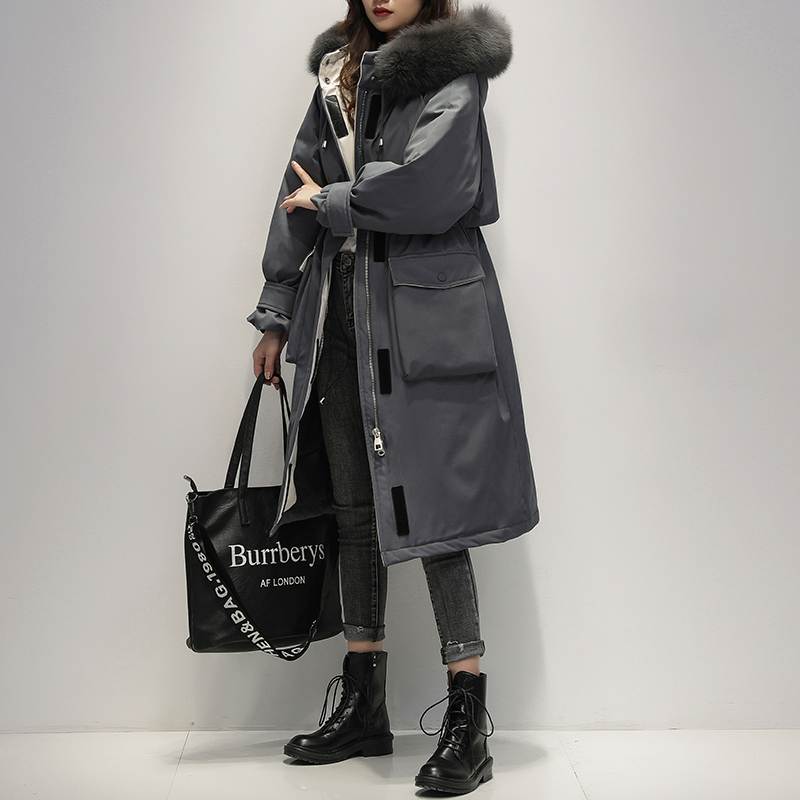 2021年新款羽绒服女中长款加厚收腰显瘦过膝派克工装冬外套白鸭绒